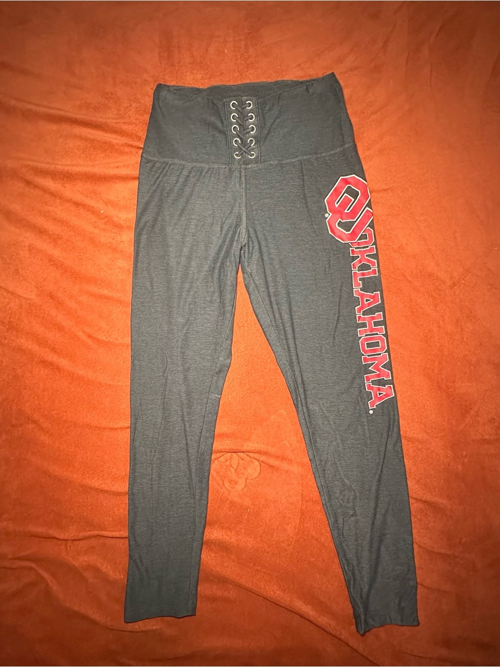 PINK Victoria's Secret Gray Lace-Up High-Waist Leggings with Red Oklahoma Logo